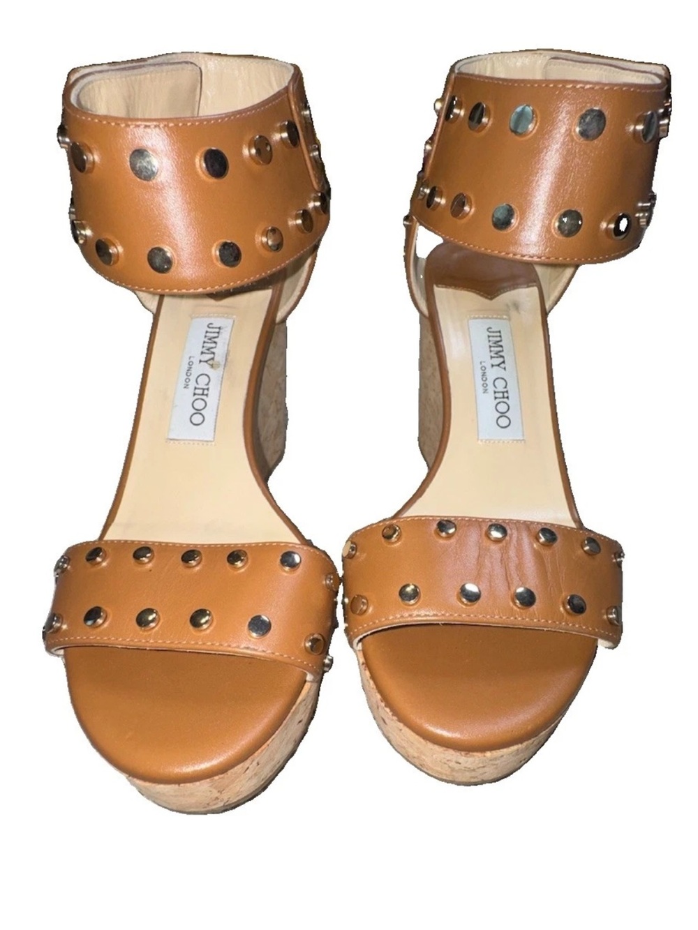 Jimmy Choo Nelly Studded Leather Cork Wedge Sandals Brown Gold Size 37 Dust Bags